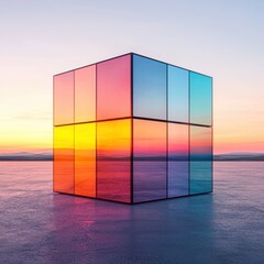 A reflective cube stands against a vibrant sunset, showcasing gradient colors that blend into the serene landscape.