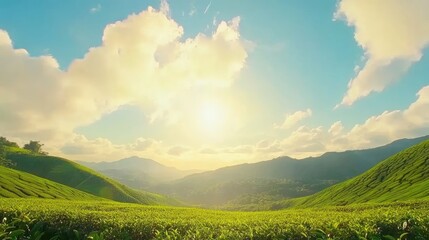Obraz premium A vast green tea plantation with rows of lush tea plants stretching toward the horizon, showcasing the beauty of nature and the cultivation of fresh tea leaves.
