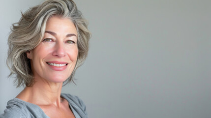 portrait of a beautiful Caucasian mature woman 55 years old looking at the camera, studio shooting white background.copyspace