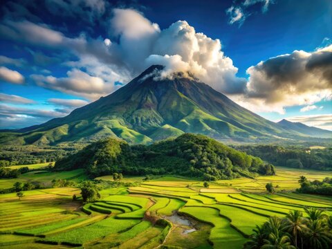 Majestic View of Mount Apo, the Highest Peak in the Philippines Surrounded by Lush Green Landscape