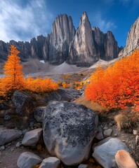 Naklejka premium Towering mountain peak, autumn scenery with vibrant fall colors, clear sky with no clouds, crisp atmosphere, golden and red leaves.