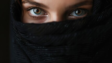 Naklejka premium Close-Up of Woman's Eyes Wrapped in Black Scarf