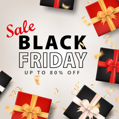 Template of Black Friday square banner with super sale advertisement and lots of 3d realistic gift boxes with golden confetti. Promo poster, discount card with present packages for shopping events