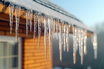 Icicles hanging from the roof of a wooden house on a sunny winter day