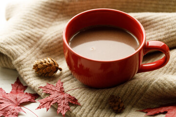 Hot chocolate drink in a red cup. Autumn Winter composition