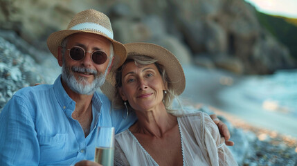 happy elderly family caucasian couple on the seashore enjoying rest holding glasses of champagne in hands, wedding anniversary on the ocean shore