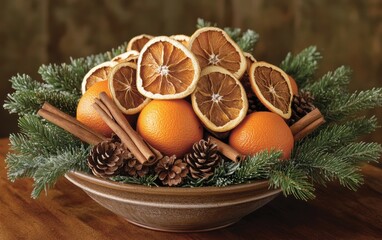 Holiday arrangement of dried oranges, cinnamon sticks, and pine cones in a rustic bowl surrounded by fir branches