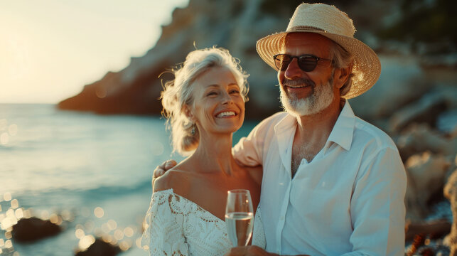 happy elderly family caucasian couple on the seashore enjoying rest holding glasses of champagne in hands, wedding anniversary on the ocean shore - Powered by Adobe