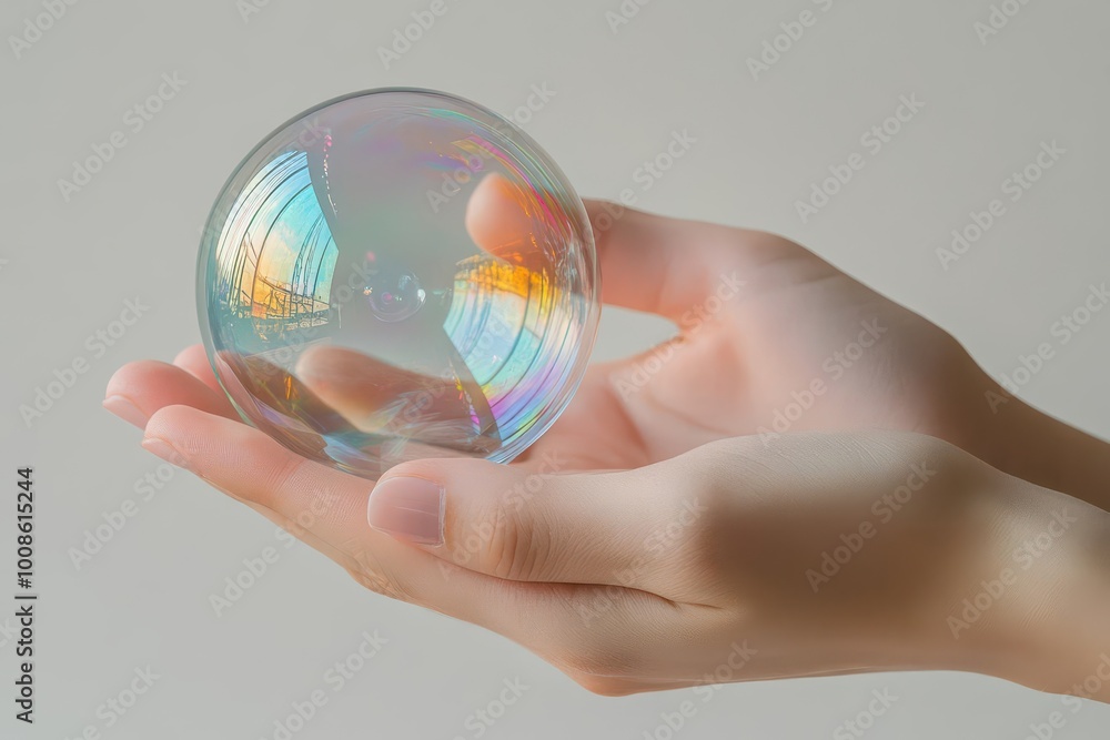Poster hands softly cradling a transparent soap bubble on a white backdrop, with space for text, fragility 