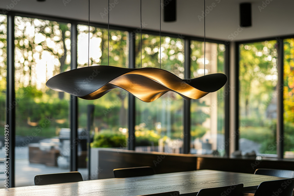 Poster modern led luminaire with a sleek, undulating design is suspended above a dining table, casting a wa