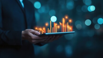 Businessperson Holding Tablet with 3D Data Visualization Graphs
