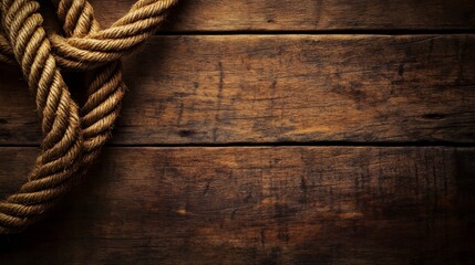 Fototapeta premium A ship rope on a wooden background, giving a nautical feel to design projects. 