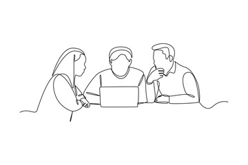 One single line drawing group of a group of students doing schoolwork together. Trendy teamwork concept continuous line draw design vector illustration