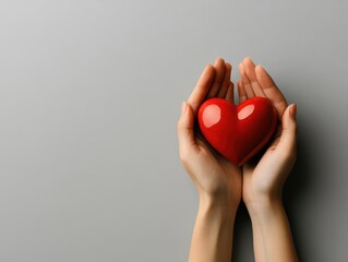 Obraz premium Gently cupped hands holding a vibrant red heart shape on a white background, with space for text, love and care concept