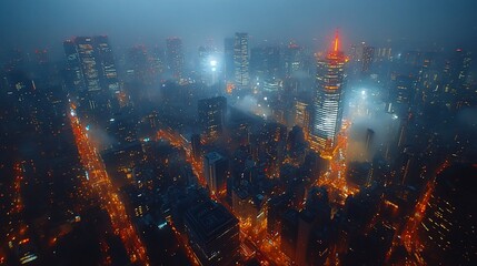Fototapeta premium An aerial view of a city skyline at night with fog and light trails.