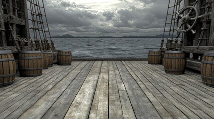 Fototapeta premium A wooden pirate ship deck with barrels and crates scattered around, with the ship's wheel in the foreground and the open sea stretching to the horizon.