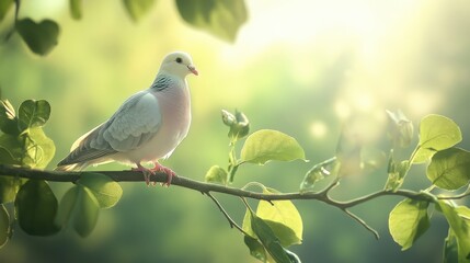 A dove rests gracefully on a leafy branch, illuminated by the gentle warmth of the morning sun. The serene atmosphere enhances the bird's delicate features