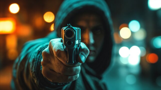 Hooded man holds hand gun and points it to the camera. Concept of crime and fire arm assault with mature man. Armed robbery on black, shallow depth of field, focus on the barrel of the pistol