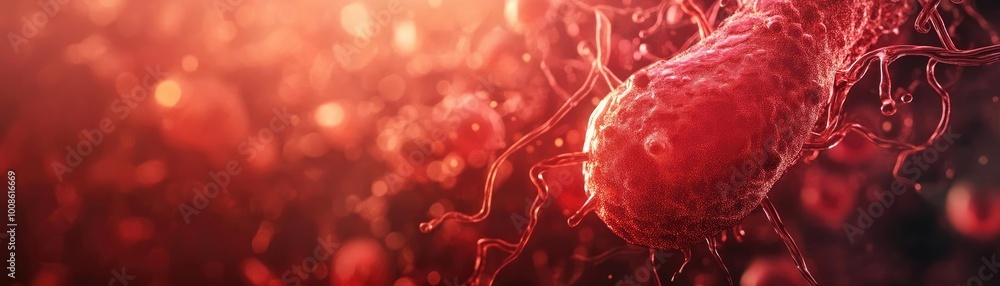 Poster a vivid close-up of microorganisms in a dynamic red environment, showcasing intricate details and bi