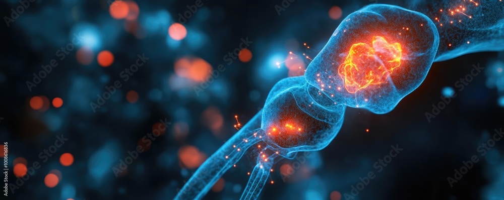 Poster close-up of a neuron connection, showcasing vibrant energy and complex structures in a digital repre