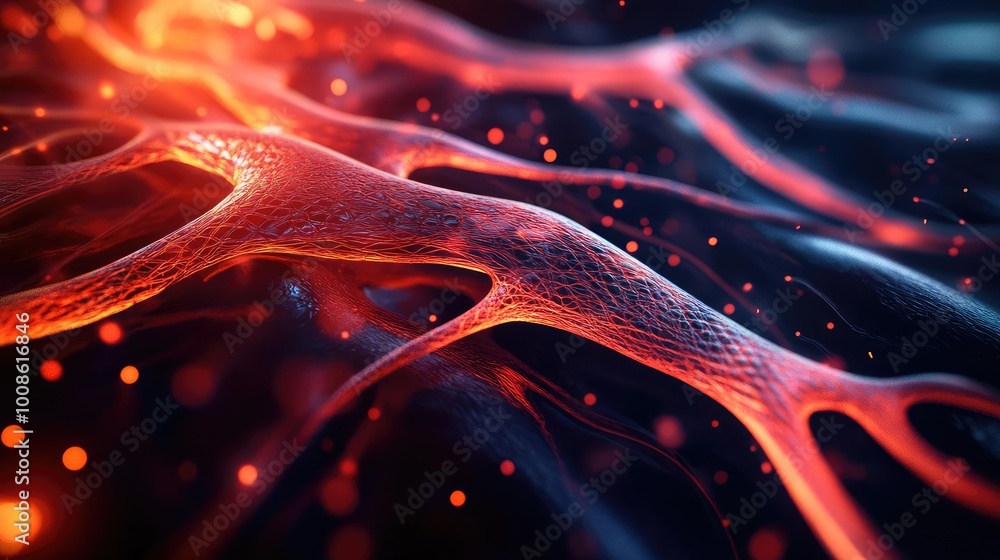 Poster abstract close-up of glowing red and blue fibers, creating a mesmerizing visual of organic shapes an