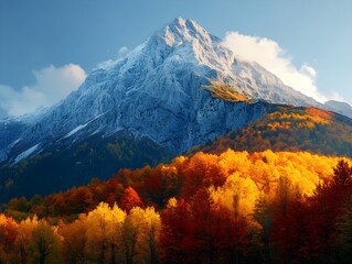 Naklejka premium Towering mountain peak, autumn scenery with vibrant fall colors, clear sky with no clouds, crisp atmosphere, golden and red leaves.