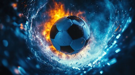 Fototapeta premium An intense close-up captures a football spiraling through the air, surrounded by swirling flames and water, illustrating the excitement of the game in action