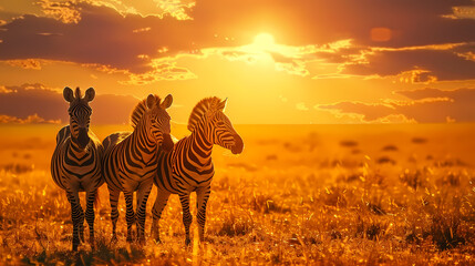 Obraz premium couple of zebras in the sunset Generated AI 