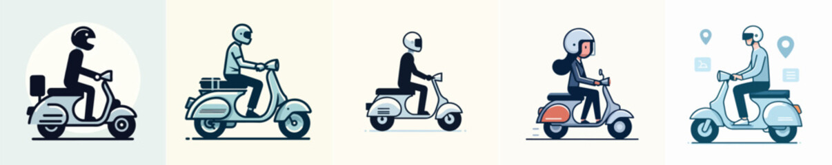 vector set of teenagers riding a Vespa with a simple and minimalist flat design style. plain white background