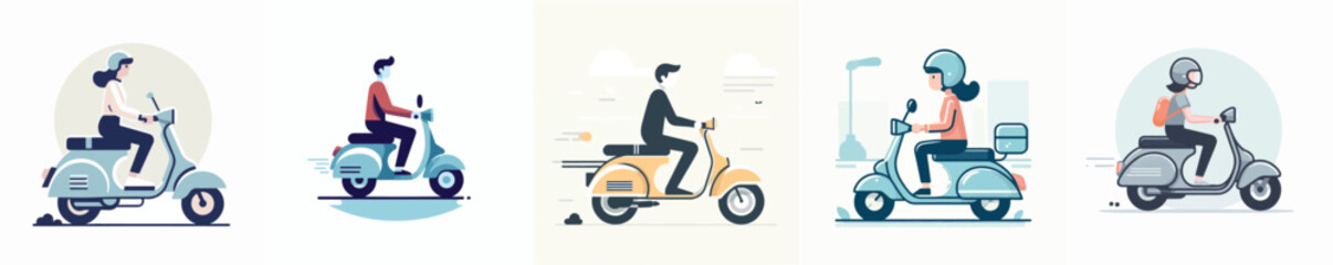 vector set of teenagers riding a Vespa with a simple and minimalist flat design style. plain white background