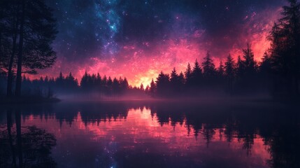 Fototapeta premium A mystical starry night sky over a calm lake surrounded by a forest. The reflection of the stars and the night sky create a magical scene.