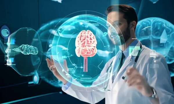 doctor checking brain testing result with innovative medical technology diagnose and examine patient brain with intelligence software. AI, Medical healthcare and digital science in futuristic