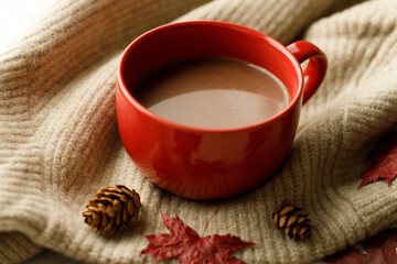 Hot chocolate drink in a red cup. Autumn Winter composition