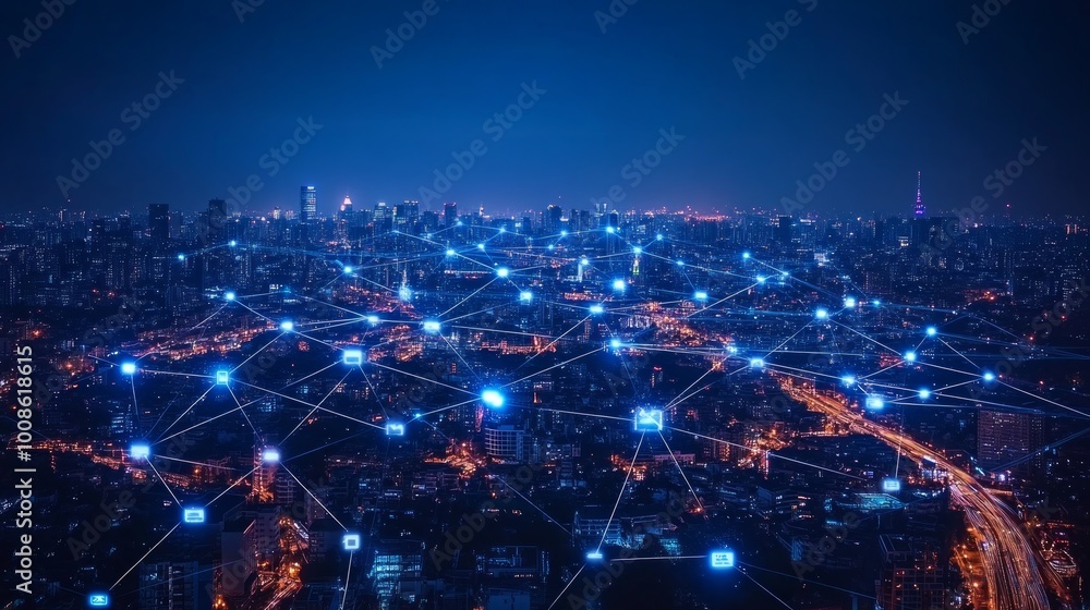 Poster a nighttime cityscape with glowing lines and squares representing a digital network.