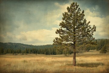 Obraz premium Lone Pine in a Golden Meadow with a Retro-Style Background