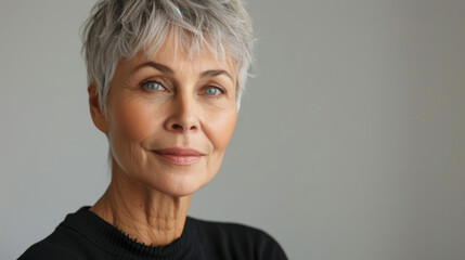 portrait of a beautiful middle-aged Caucasian woman with short blond hair looking at the camera, well-groomed facial skin, studio portrait white background.