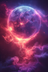 A vibrant, cosmic depiction of Earth surrounded by colorful nebulae and electric energy. The planet is illuminated with shades of purple, pink, and blue