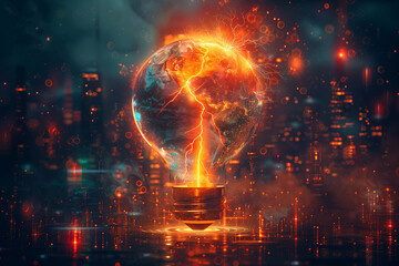 A glowing light bulb shaped like the Earth, with cracks and electric sparks. futuristic city with a moody atmosphere, illuminated by red and orange lights, suggesting a sense of urgency or crisis.