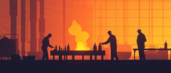 Silhouette of workers in a factory during a molten material process.