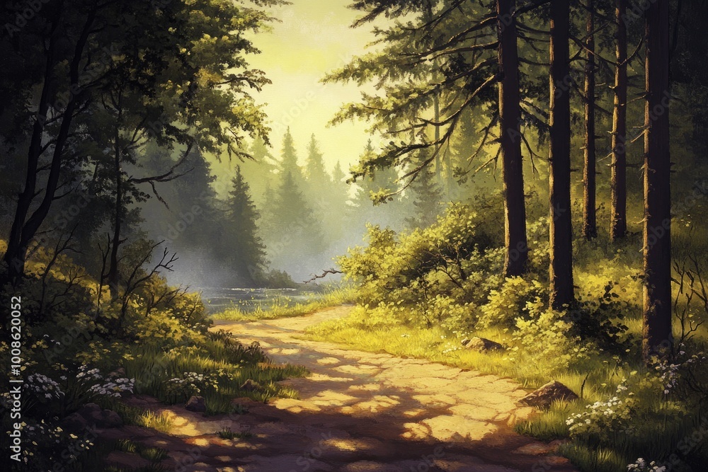 Canvas Prints Sunlit Path Through a Dense Forest