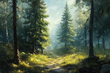 Obraz premium Sunlit Path Through a Dense Evergreen Forest