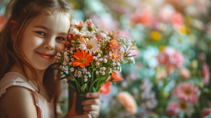 Naklejka premium happy smiling caucasian girl 6-8 years old holding bouquet of fresh wild flowers in hands while outdoors on summer day