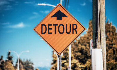 Detour, traffic sign on the street in Vancouver, Canada