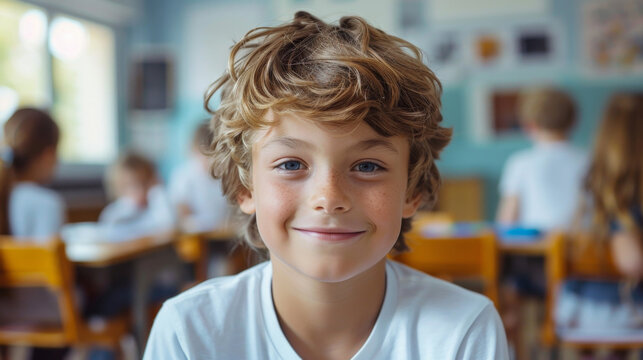 portrait of a Caucasian smiling schoolboy 10 years old in a school uniform sitting at a desk at school and looking at the camera