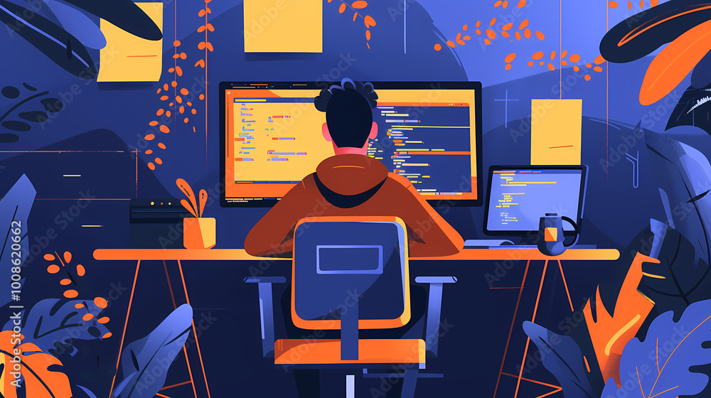 Poster technology stuff and a guy in his disk doing internet skills generated ai