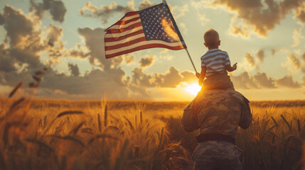 american military man in uniform holding american flag in hands holding child walking through wheat field at dawn in summer, patriotism education concept