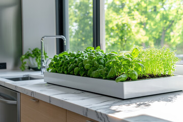 Sleek, modern kitchen with a built-in herb garden on the counter, providing fresh ingredients for cooking