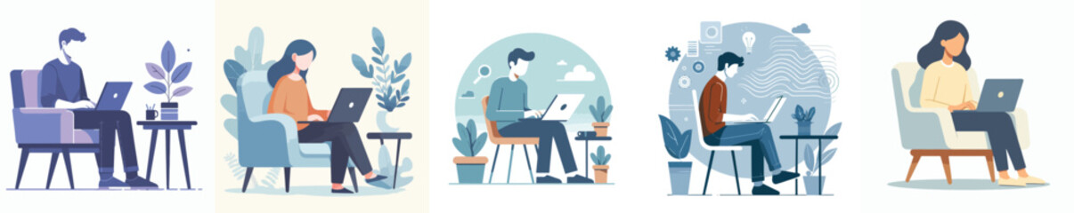 vector set of teenagers sitting and playing on laptops with a simple and minimalist flat design style. plain white background