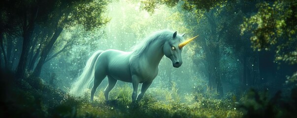 A magical unicorn stands in a mystical forest, illuminated by soft, ethereal light, evoking a sense of wonder and fantasy.