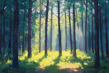 Fototapeta premium Sunbeams Through Tall Trees in a Dense Forest